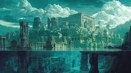 Illustrate a submerged cityscape with ancient ruins, blending dreamlike tones and distorted perspectives to convey a sense of psychological depth and mystery