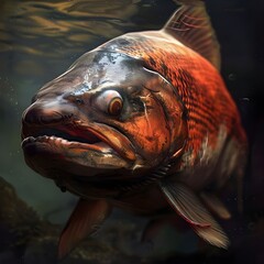 An intensely detailed close-up of a large, menacing fish with sharp teeth and vivid coloring.