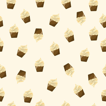 Chocolate and vanile cup cake pattern on a bright background.vector illustration.