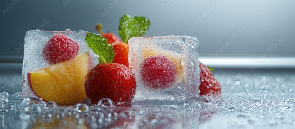 Poster Ice cubes with fruit in a glass cabinet and water droplets with copy space for adding text
