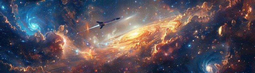 Visualize a vast, starlit cosmos with a spaceship soaring amidst swirling nebulas and glittering galaxies in a dreamy Impressionist style