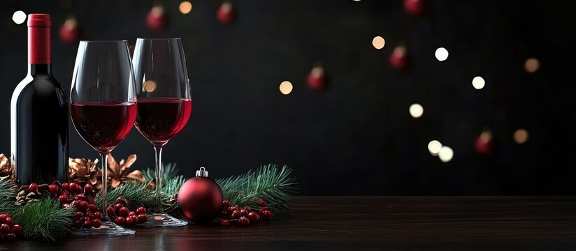 Bottle and glasses of red wine holiday decorations. with copy space image. Place for adding text or design