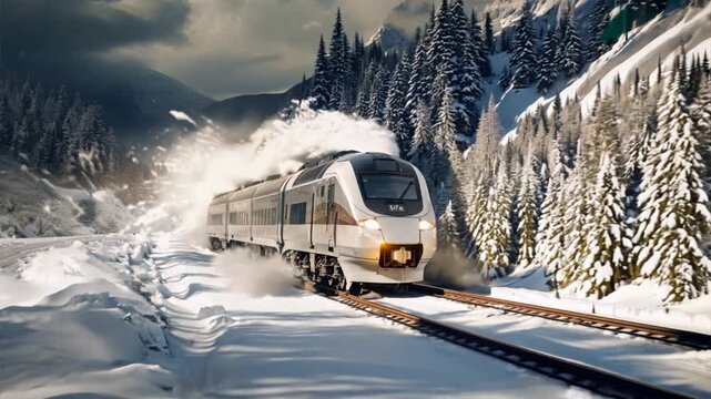 A train travels through a snowy winter landscape with mountains, trees, and a wh