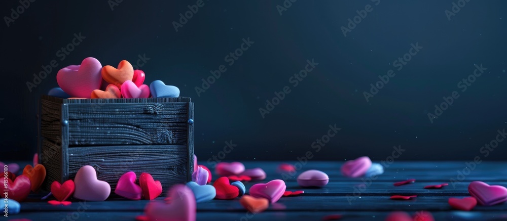 Poster vibrant hearts and a wooden box. with copy space image. place for adding text or design