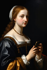 Renaissance-style painting portrait of a princess in gothic clothing holding a smartphone in her hand, Generative AI