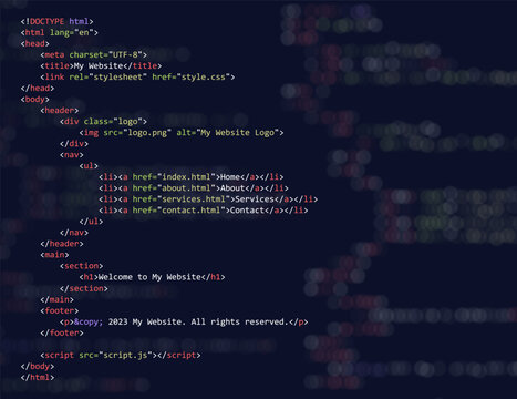 Simple Website HTML Code with Colorful Tags in Code Editor on Dark Background. Vector Illustration. Software Web Developer Programming Education Concept Background.