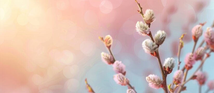 Soft Spring nature backdrop featuring a pussy willow branch Close up of a blooming willow branch on a blurred gradient pastel nature background Spring Easter template banner with copyspace
