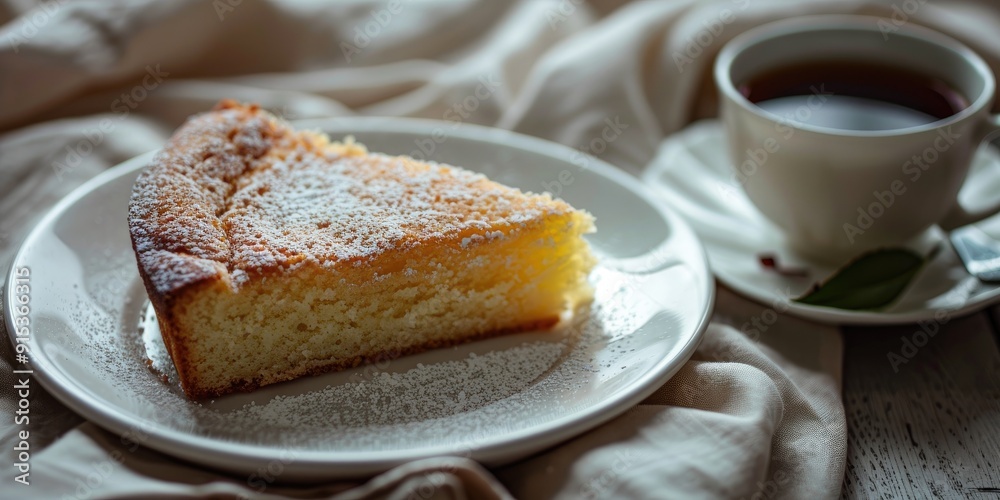 Poster Butter cake on white plate with a side of coffee