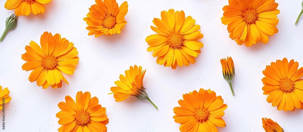 Aufkleber Top view of orange calendula flowers isolated on white calendula officinalis. with copy space image. Place for adding text or design