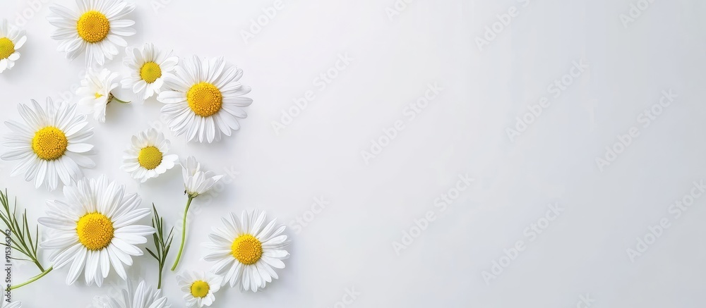 Leinwandbilder Flat lay arrangement featuring blooming daisies with text space on a white background Spring flowers. with copy space image. Place for adding text or design