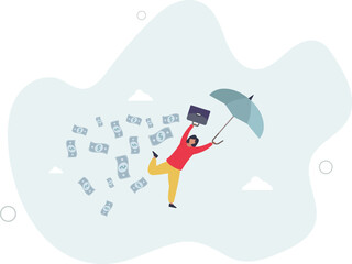 Success businesswoman get rich, office worker achieve financial independence and quit routine job concept.flat design with people.