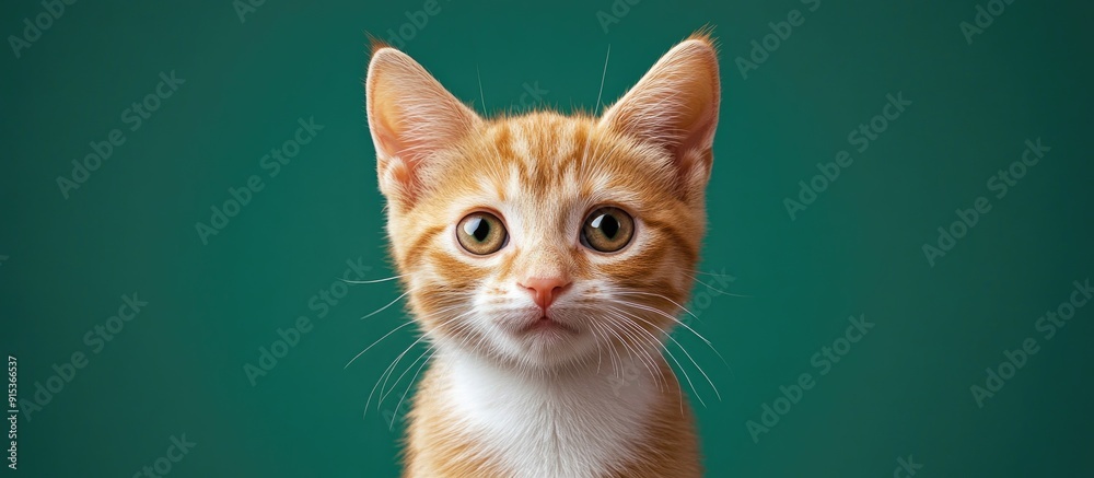 Poster Portrait of an orange and white tabby kitten gazing directly at the viewer with a skeptical look A green background provides copy space