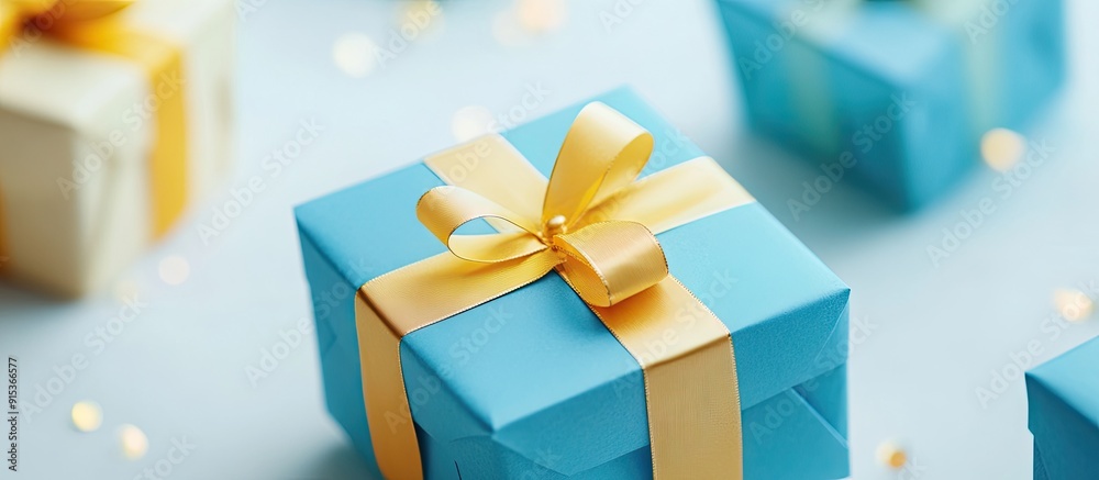 Poster A close up of beautiful blue and yellow hexagon gift boxes on a white background Space for text Side view Mockup. with copy space image. Place for adding text or design