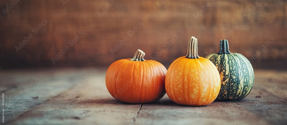 Leinwandbilder A closeup of different pumpkins on a wooden surface with room for your text autumn themed backdrop. with copy space image. Place for adding text or design