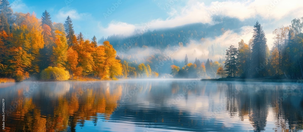 Fototapete autumn colored foggy lake. with copy space image. place for adding text or design