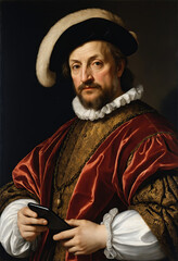 Renaissance-style painting portrait of a count in royal attire holding a smartphone in his hand, Generative AI