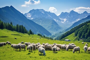 Fototapeta premium Herd of sheep grazing landscape grassland livestock.