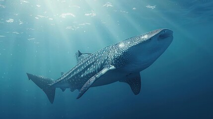 Large whale shark swimming under water with clear visibility of its body, fins, and dorsal fin.