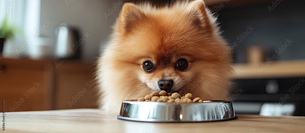 Poster A beautiful Pomeranian dog is sitting at a table playing and eating in a well lit room. with copy space image. Place for adding text or design