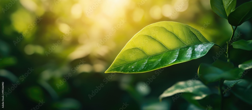 Poster A beautiful natural scene features a green leaf against a blurred greenery backdrop in the garden illuminated by sunlight providing copy space and serving as a background for a natural green plants l