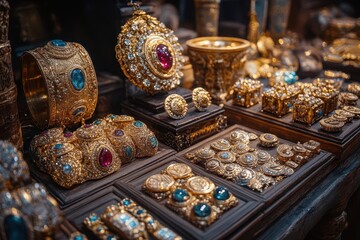 opulent treasure trove cascading golden jewelry glittering gems antique coins ornate artifacts rich textures dramatic lighting sumptuous composition