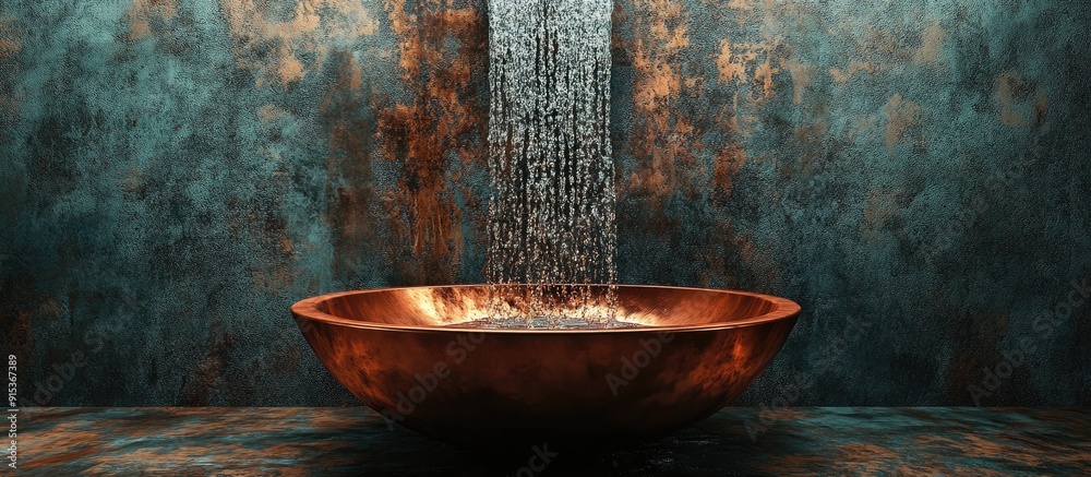 Poster Water flows into the copper wash basin. with copy space image. Place for adding text or design