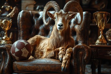 goat with many trophies in a football stadium