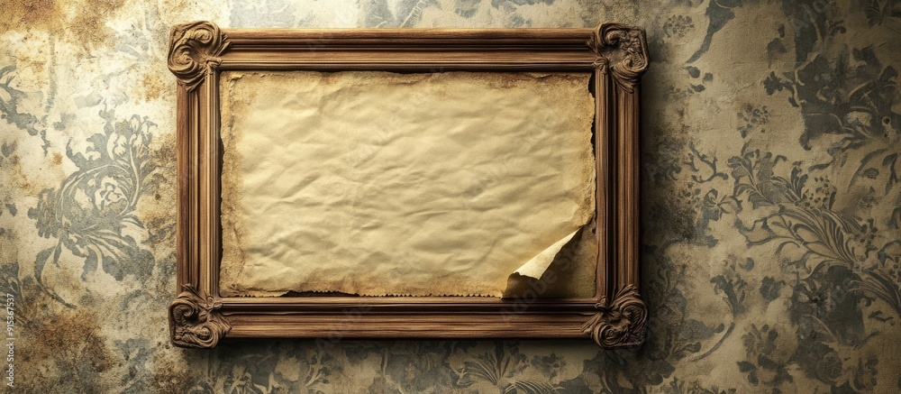 Poster worn wrinkled paper in a dilapidated wooden frame mounted on a vintage wallpaper wall. with copy spa