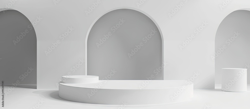 Poster white abstract stage mockup featuring a curved niche with two cylindrical podiums mosaic tile in a r