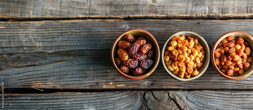 Poster bowls filled with dried dates on a light background. with copy space image. place for adding text or