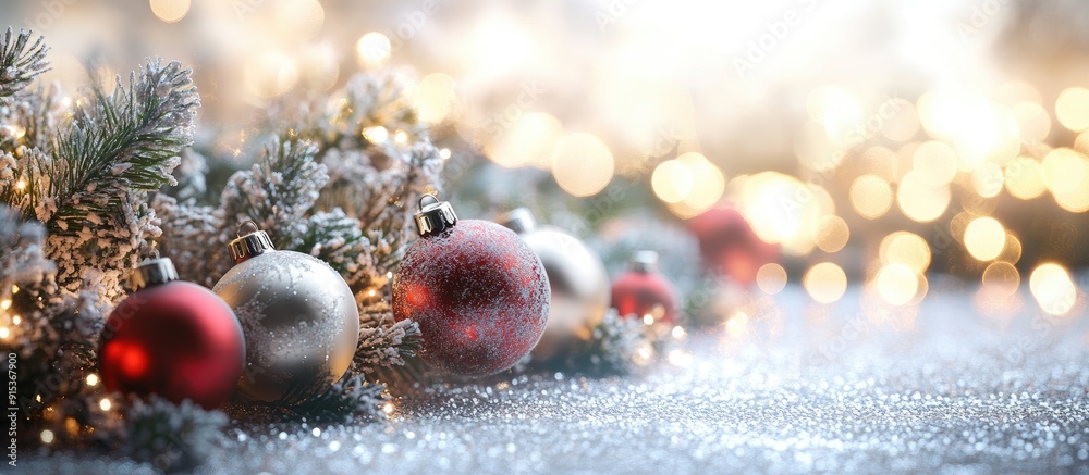Poster christmas arrangement of tree ornaments on a blurred silver backdrop. with copy space image. place f