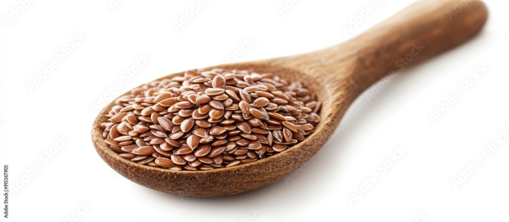 Aufkleber Brown flax seeds Linseed in a wooden spoon close up isolated on a white background. with copy space image. Place for adding text or design
