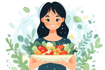Happy woman holding a bowl of fresh vegetables.