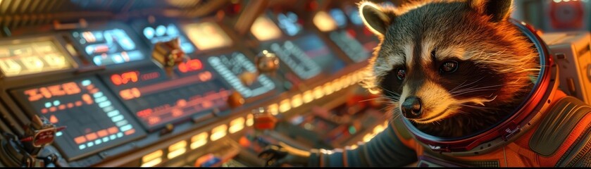 Close-up shot of a raccoon in an astronaut suit, interacting with floating objects inside a spacecraft, illuminated control panels in the background, CG 3D render with vivid colors