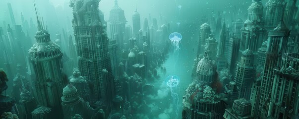 Close-up shot of a submerged cityscape in decay