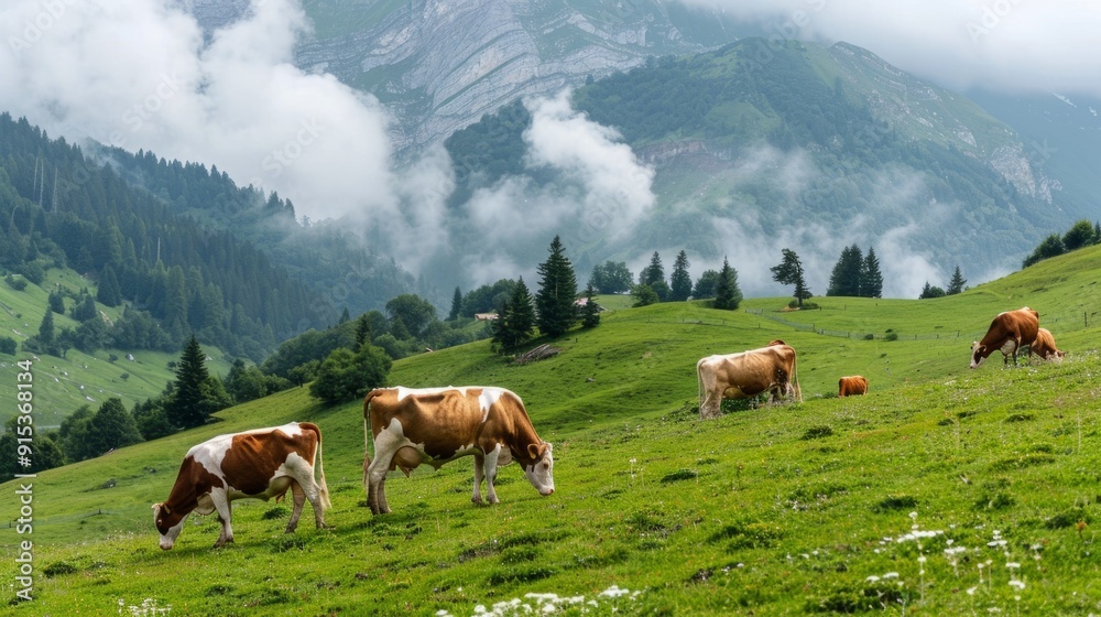 Poster a herd of cows graze in a lush green field