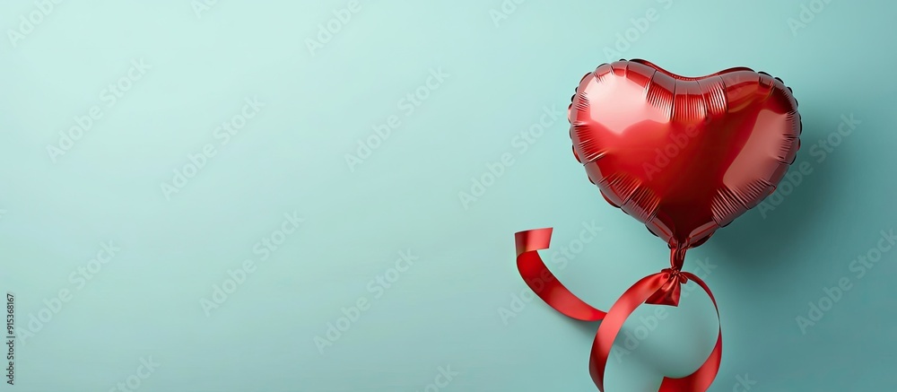 Poster Heart shaped balloon with ribbon on a colored background Celebration of Valentine s Day. with copy space image. Place for adding text or design