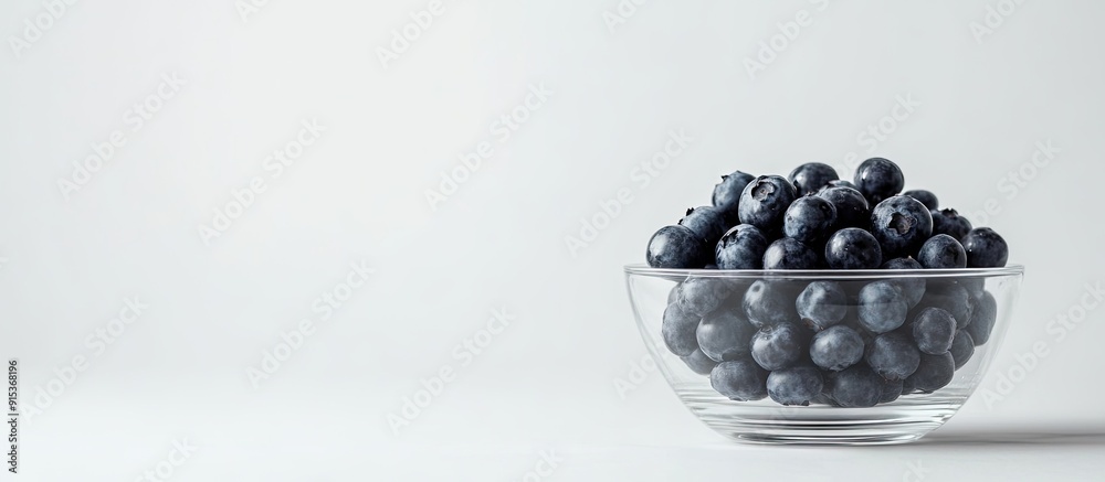 Poster organic blueberries in a clear bowl set against a white background from a top view copy space