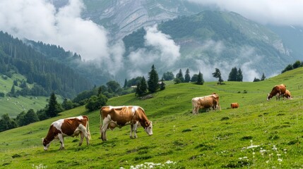 Naklejka premium A herd of cows graze in a lush green field