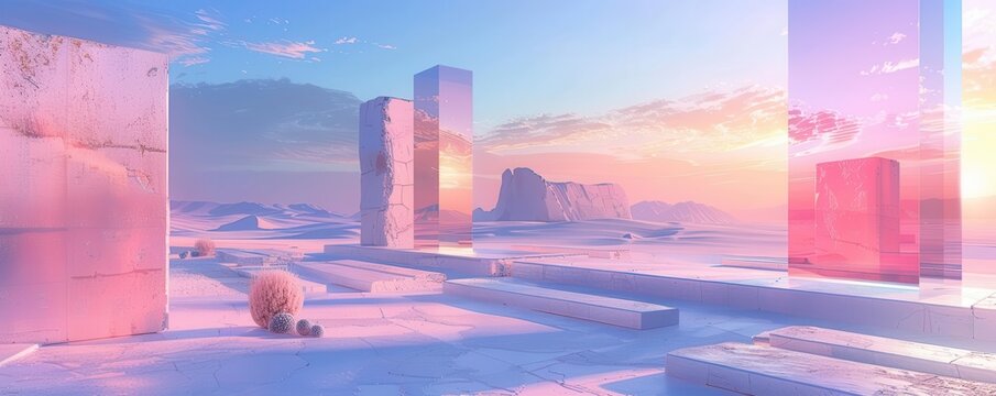 Expansive fantasy desert landscape, sleek minimalist structures, surreal colors, CG 3D rendering, dreamlike and futuristic ambiance