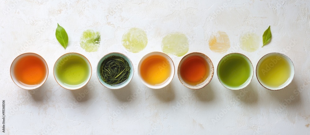 Aufkleber a selection of green tea in a ceramic cup set against a white textured background top view copy spac