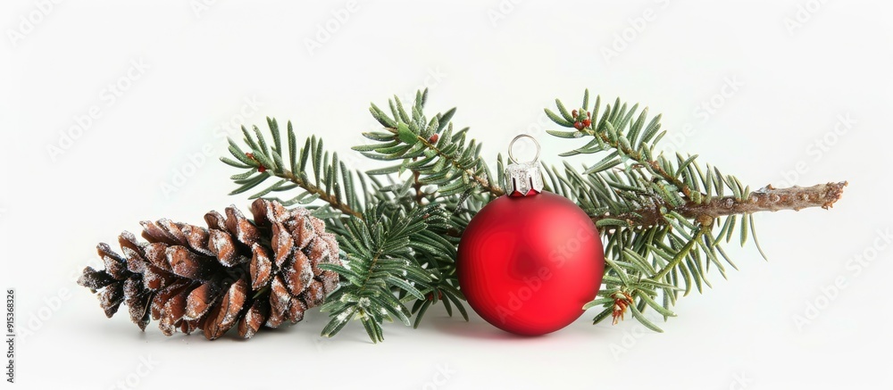 Poster Christmas tree ornament red ball alongside a fir cone and green spruce branch on a white background isolated. with copy space image. Place for adding text or design