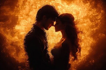 passionate embrace of lovers surrounded by swirling elements of fire and water contrasting warm and cool tones ethereal steam rising intimate silhouettes romantic atmospheric lighting