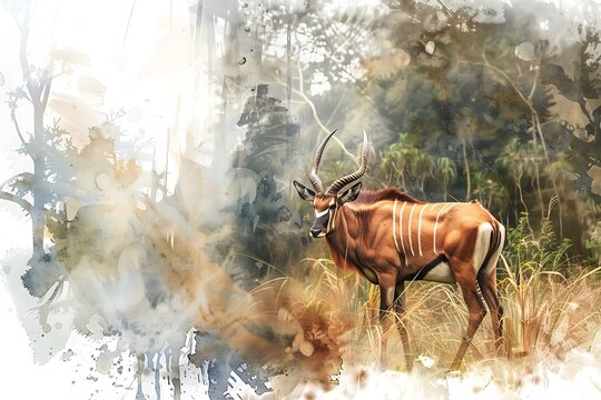 Watercolor painting of a bongo antelope in a forest.