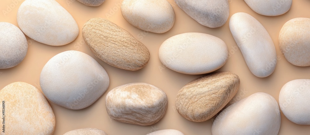 Aufkleber Numerous pebble stones on a beige background. with copy space image. Place for adding text or design
