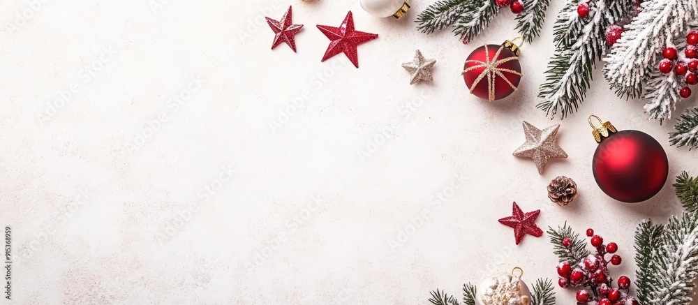 Poster modern christmas card featuring stars and ornaments on a light background top view with copy space