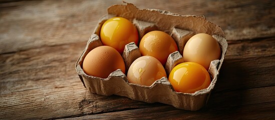 Raw chicken egg yolks and duck egg yolks in a recycled paper box with copyspace on an old wooden background used as a concept for food cooking ingredients showcasing different colors