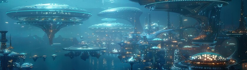 Long shot of a futuristic underwater cityscape