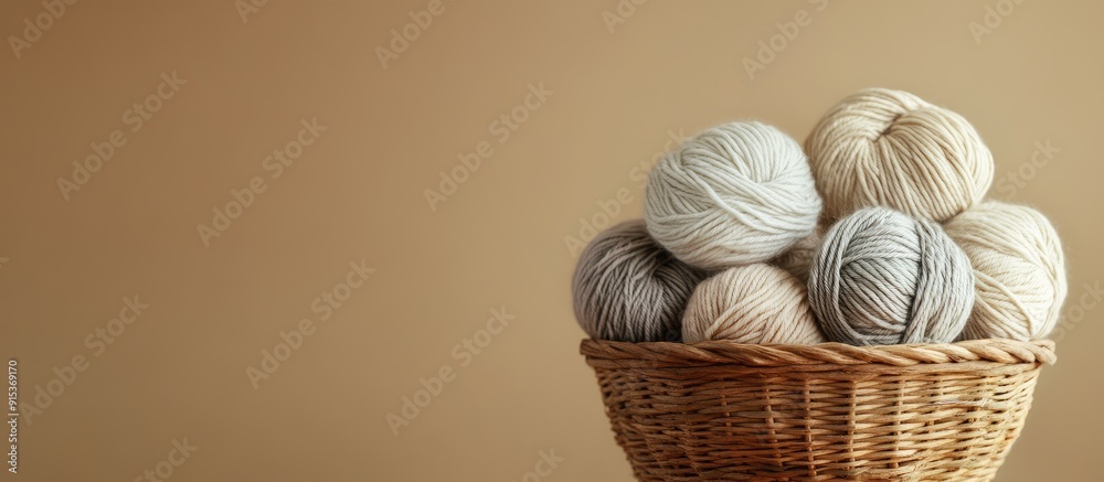 Poster beige woolen yarn skeins for knitting tumbled out of the handcrafted brown basket materials for knit