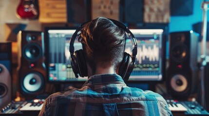 Rear view of a music producer wearing headphones and looking at a computer screen.